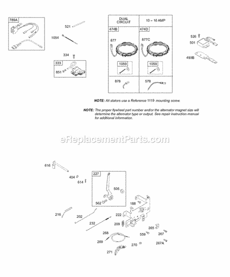Alternator Ignitiion Control Bracket Diagram and Parts List for  Briggs and Stratton Engine